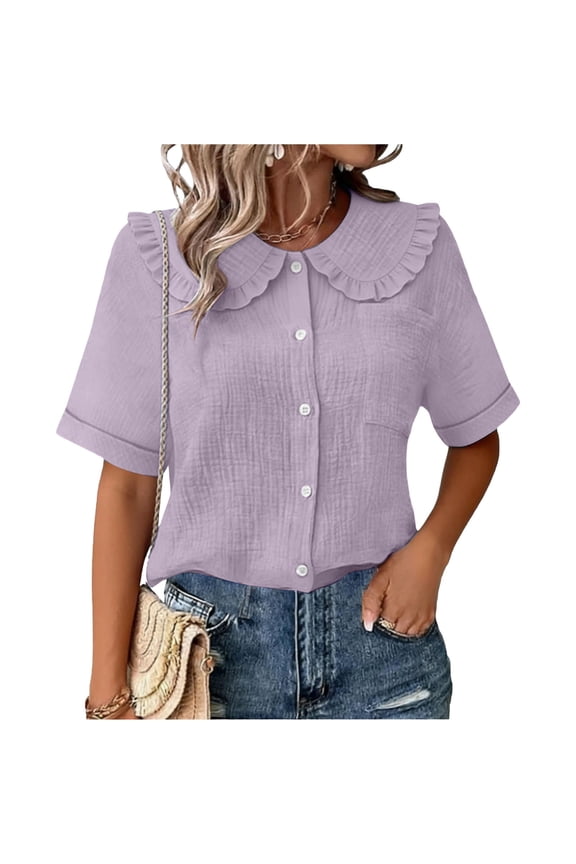 Womens Peter Pan Collar Blouses Loose Fit Short Sleeve Ruffle Collar Button Front Casual Tops Cute Pullovers Gift