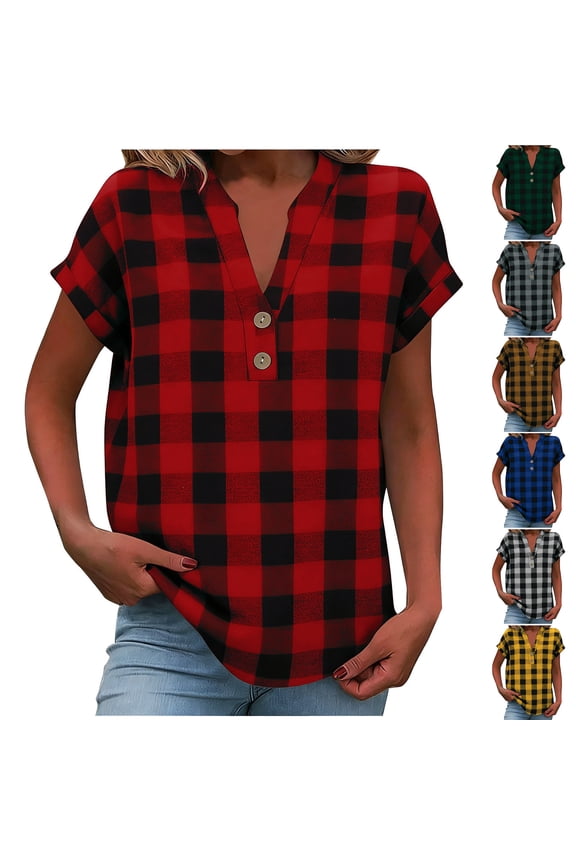 Womens Plaid Half Placket Tops Loose Fit Short Sleeve Split V Neck Button Detail Casual Tops Boho Pullovers Gift