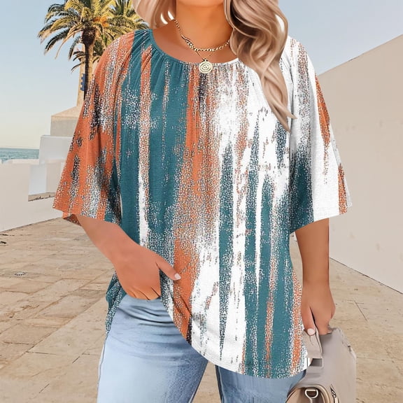 Pounoo Womens Plus Size Tops Crewneck Pleated Blouses Vintage Floral Flowy Short Sleeve T Shirts Dressy Casual Fashion Tunic Top Gift