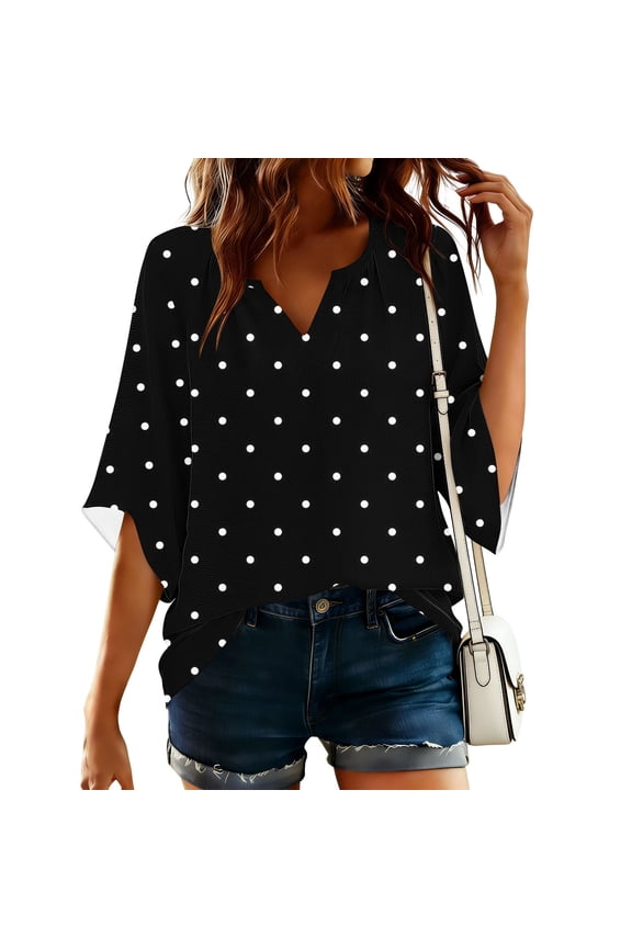 Womens Polka Dot Blouses Loose Fit Bell Sleeve V Neck Split Neck Curved Hem Casual Tops Boho Pullovers Gift