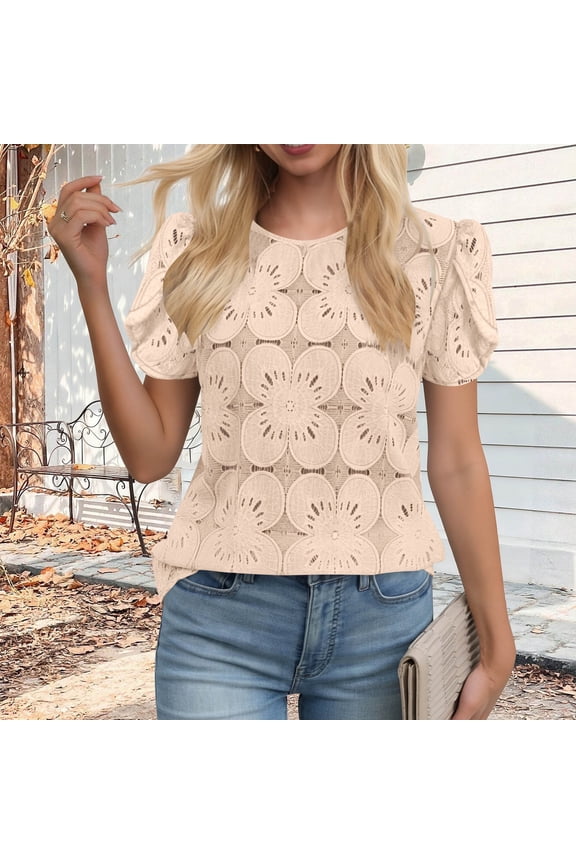 Womens Puff Sleeve Floral Eyelet Tops Loose Fit Short Sleeve Cutwork Pattern Curved Hem Casual Tops Cute Blouses Gift