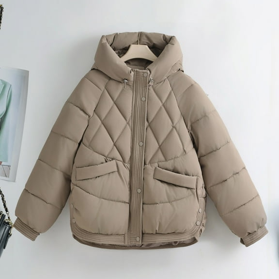 Pounoo Womens Puffer Jackets Winter Zip Up Solid Color Thickened Warm Coat Quilted Hooded Jackets Comfy Casual Padded Coat with Pockets Gift