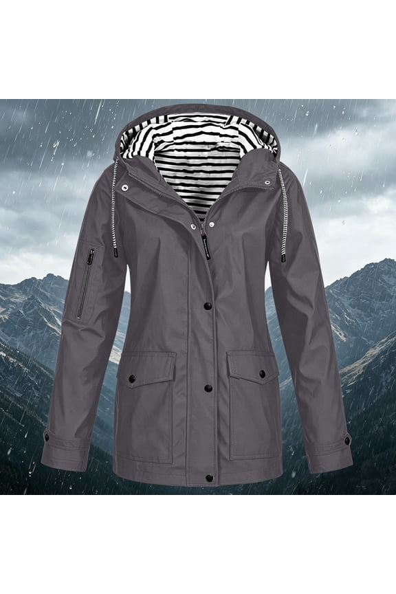 Womens Rain Jacket Drawstring Zip Up Waterproof Windproof Rain Coat with Hood Lightweight Windbreaker Outdoor Trench Coat