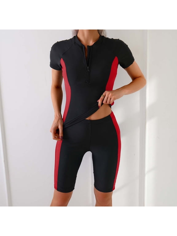 Womens Rash Guard Sets Color Block Short Sleeve Tops Knee Length Board Shorts Two Piece Swimsuits Surfing Diving Wear Gift