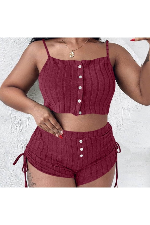 Womens Ribbed Cami Sets Spaghetti Strap Button Front Crop Tops Side Tie Shorts Two Piece Loungewear Gift