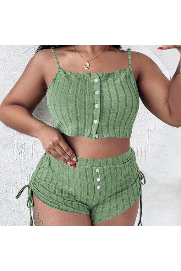 Womens Ribbed Cami Sets Spaghetti Strap Button Front Crop Tops Side Tie Shorts Two Piece Loungewear Gift