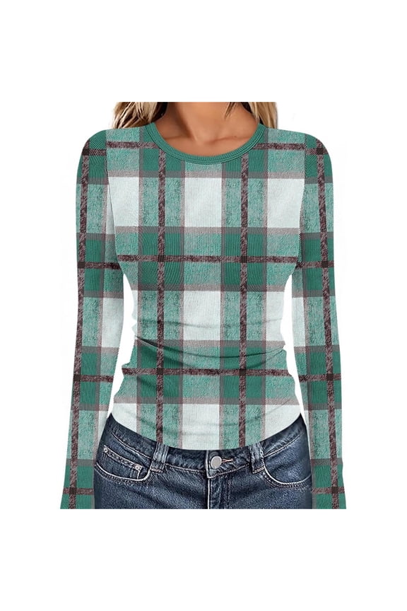 Womens Ribbed Knit Tops Color Block Plaid Printed Crewneck Basic Shirts Soft Stretch Slim-Fitted Blouses Going Out Basic T-Shirts Gift