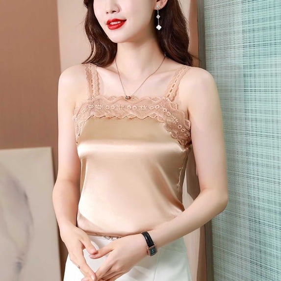 Pounoo Womens Satin Camis Sleeveless Spaghetti Strap Hollow Out Trimmed Slim Fit Casual Outings Night Camis Tanks Tops Gift