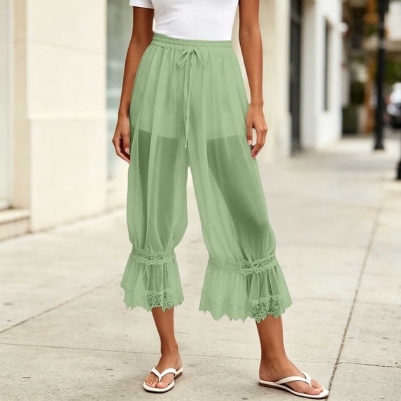 Pounoo Womens Sheer Capri Pants Drawstring Waist Sheer Mesh Cropped Length Floral Embroidered Hem Trimb Pants Loose Fit Beach Cover Up Sheer Lightweight Pants