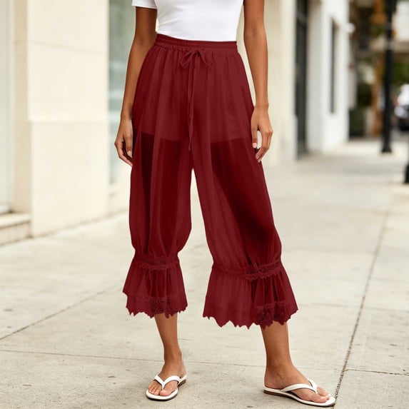 Pounoo Womens Sheer Capri Pants Drawstring Waist Sheer Mesh Cropped Length Floral Embroidered Hem Trimb Pants Loose Fit Beach Cover Up Sheer Lightweight Pants