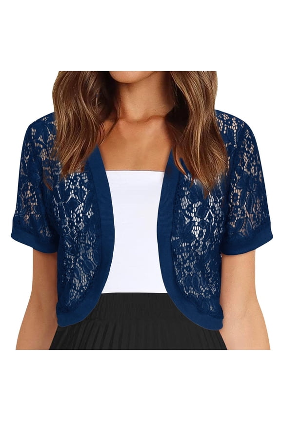 Womens Sheer Floral Tops Scalloped Edge Cropped Short Sleeve Open Front Tops Wedding Guest Party Cover Ups Gift