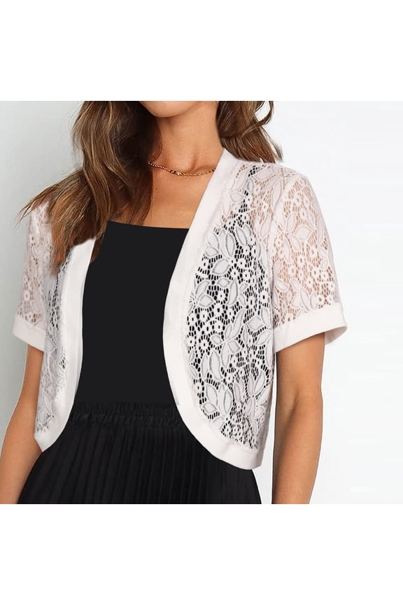 Womens Sheer Floral Tops Scalloped Edge Cropped Short Sleeve Open Front Tops Wedding Guest Party Cover Ups Gift