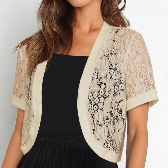 Pounoo Womens Sheer Floral Tops Scalloped Edge Cropped Short Sleeve Open Front Tops Wedding Guest Party Cover Ups Gift