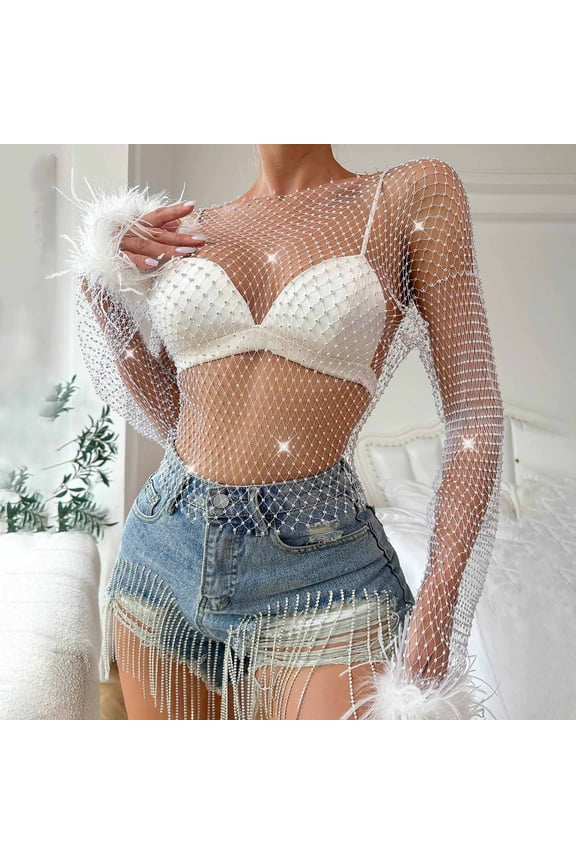Womens Sheer Mesh Tops Long Sleeve Rhinestone Mesh Feather Cuff Accent Party Nights Club Outings Blouses Cover Ups Gift