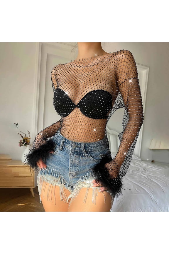 Womens Sheer Mesh Tops Long Sleeve Rhinestone Mesh Feather Cuff Accent Party Nights Club Outings Blouses Cover Ups Gift