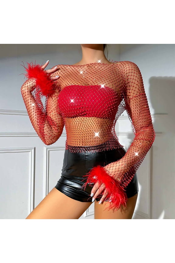 Womens Sheer Mesh Tops Long Sleeve Rhinestone Mesh Feather Cuff Accent Party Nights Club Outings Blouses Cover Ups Gift