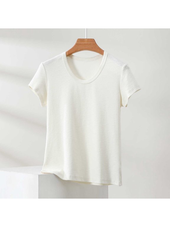 Womens Shirts U Crew Neck Short Sleeve Solid Thin Soft Fabric Curved Hem Pullover Tee Loose Fit Summer Basic Womens Tops