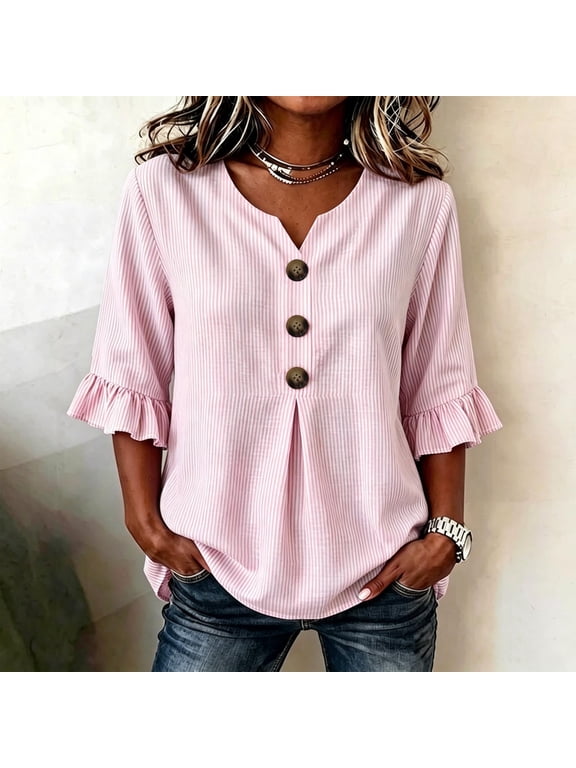 Womens Shirts V Neck Button Front Vertical Stripe Print Short Sleeve Tops for Women Regular Fit Weekend Outing Trendy Casual Tops for Women