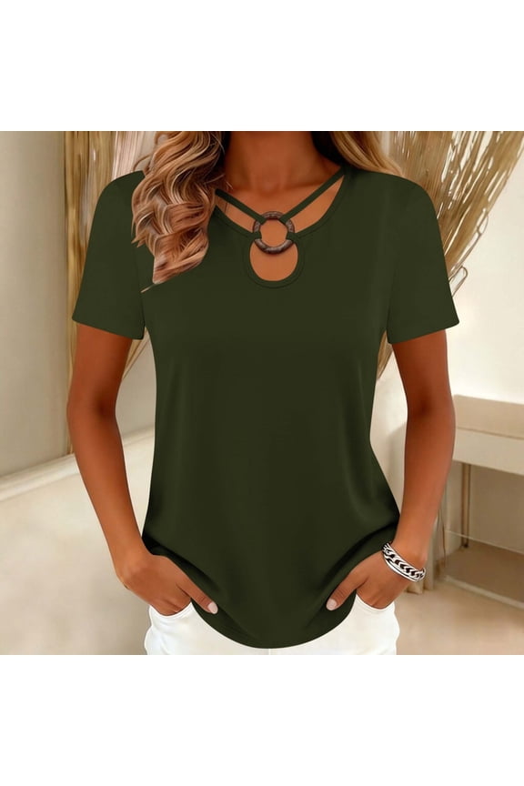 Womens Short Sleeve Tees Ring Cutout Crisscross Neck Casual Loose Fit Summer Tops Gift