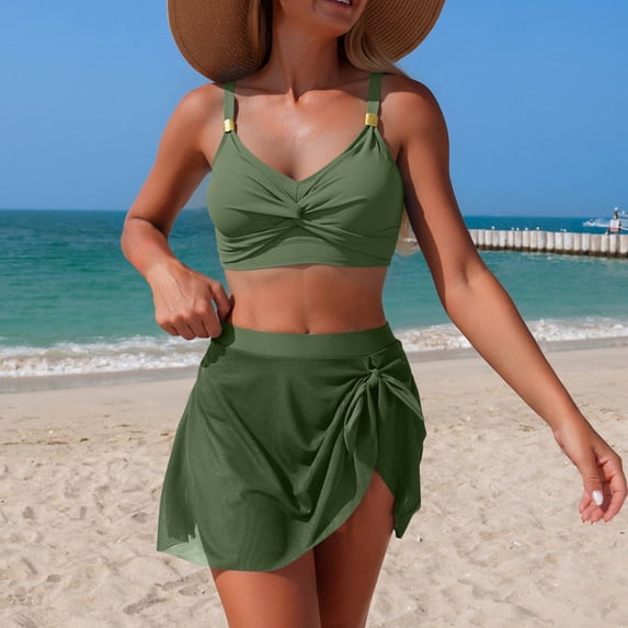 Pounoo Womens Skirted Bikini Sets Twist Front Spaghetti Strap Tops Side Tie Skirt Bottoms Modest Two Piece Swimwear Gift