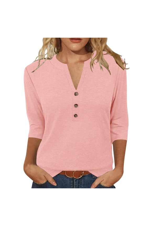 Womens Split Neck 3/4 Sleeve Tops Loose Fit Button Placket Curved Hem Casual Tops Office Pullovers Gift