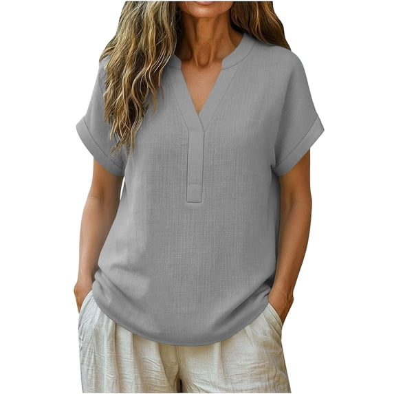 Pounoo Womens Split Neck Blouses Loose Fit Half Sleeve Split V Neck Curved Hem Casual Tops Office Boho Pullovers Gift
