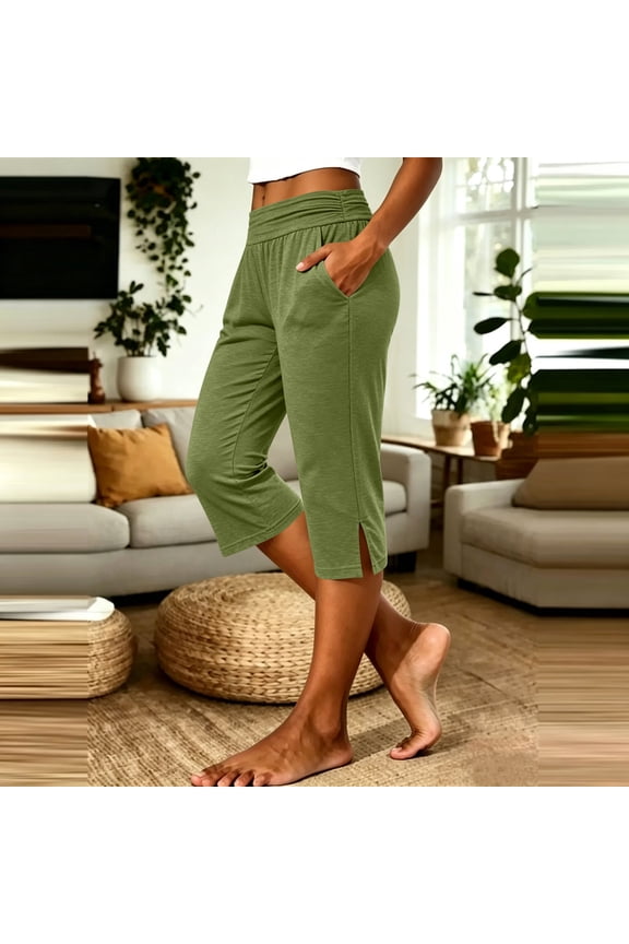 Womens Sport Capris Elastic Waist Split Hem Cropped Plain Womens Yoga Capris Relaxed Fit Yoga Studio Breathable Womens Sport Capris