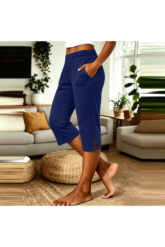 Womens Sport Capris Elastic Waist Split Hem Cropped Plain Womens Yoga Capris Relaxed Fit Yoga Studio Breathable Womens Sport Capris