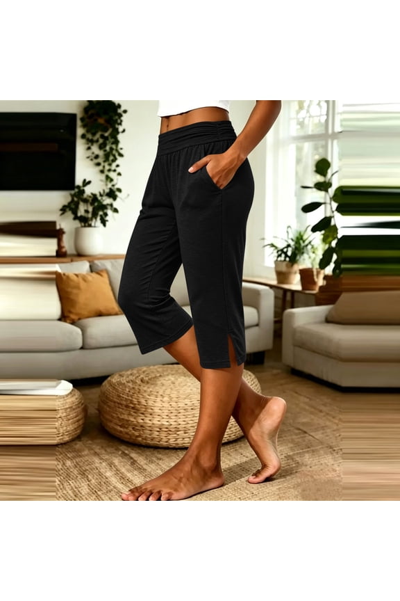Womens Sport Capris Elastic Waist Split Hem Cropped Plain Womens Yoga Capris Relaxed Fit Yoga Studio Breathable Womens Sport Capris