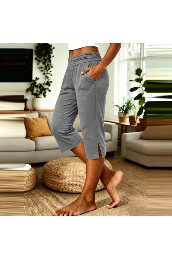 Womens Sport Capris Elastic Waist Split Hem Cropped Plain Womens Yoga Capris Relaxed Fit Yoga Studio Breathable Womens Sport Capris