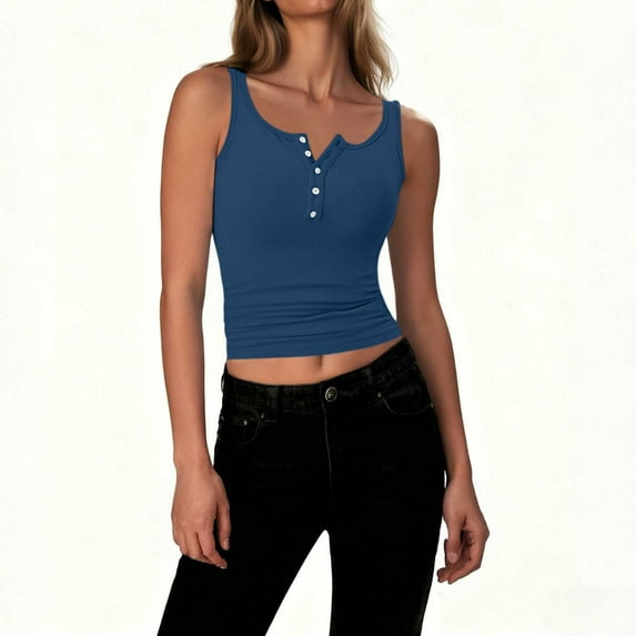 Pounoo Womens Summer Tank Tops Scoop Neck Henley Button Ribbed Knit Vests Slim Fit Sleeveless Shirts Casual Basic Solid Color Blouse Gift