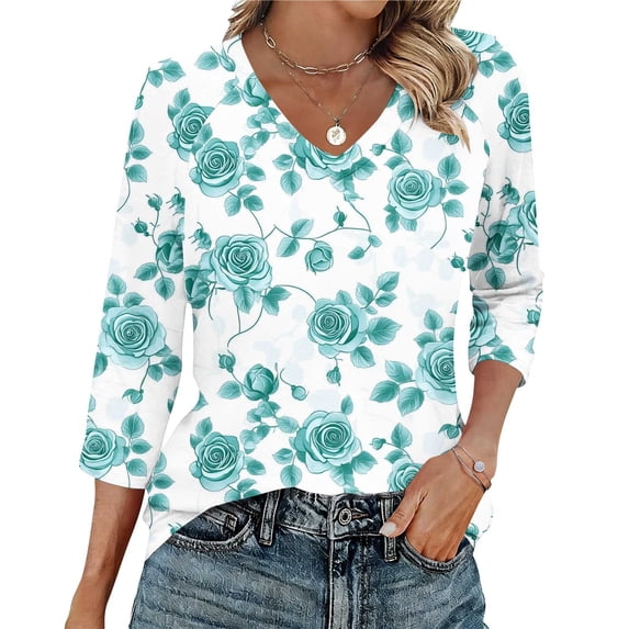 Pounoo Womens Summer Tops V Neck Retro Floral Print 3/4 Sleeve Tops for Women Casual Loose Tee Shirts Beach Vacation Outfits Gift