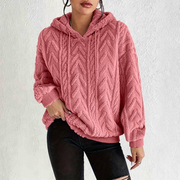 Pounoo Womens Sweatshirts Hooded Drawstring Long Sleeve Chevron Embossed Fuzzy Sherpa Bubble Cuff Solid Pullover Hoodie Loose Fit Warm Winter Womens Tops