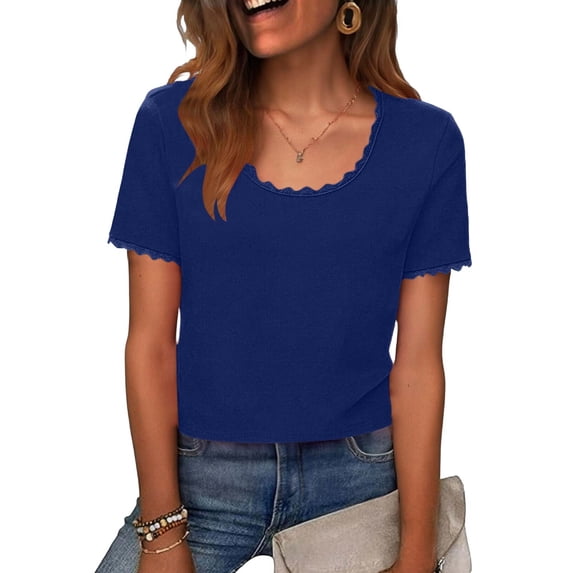 Pounoo Womens T Shirts Scalloped Edge Short Sleeve Loose Fit Breathable Stretchy Pullovers Casual Daily Blouses Simple Vacation Style Gift