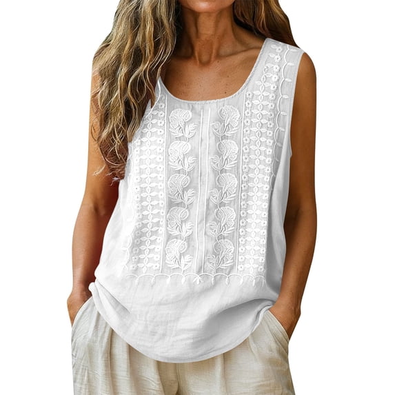 Pounoo Womens Tank Tops Floral Embroidery Sleeveless Scoop Neck Loose Fit Breathable Soft Pullovers Casual Daily Blouses Boho Vacation Style Gift