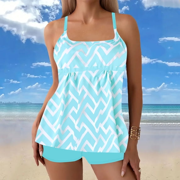 Pounoo Womens Tankini Sets Chevron Print Spaghetti Strap Tops High Waisted Shorts Two Piece Tummy Control Breathable Swimwear Resort Style Gift