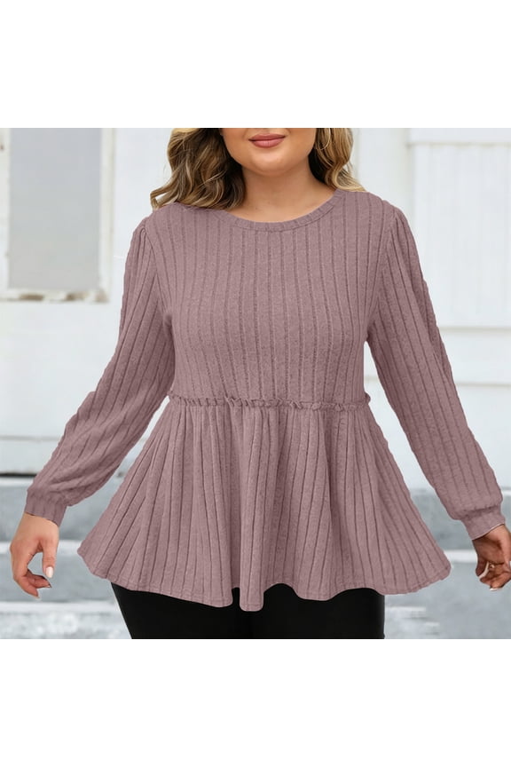 Womens Tops Crew Neck Long Sleeve Vertical Rib Peplum Hem Plain Plus Size Tops Flowy Fit Everyday Wear Soft Stretch Womens Tank Tops