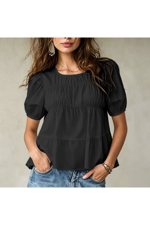 Womens Tops Crew Neck Short Sleeve Bubble Cuff Tiered Ruched Plain Flowy Fit Vacation Wear Lightweight Womens Blouses