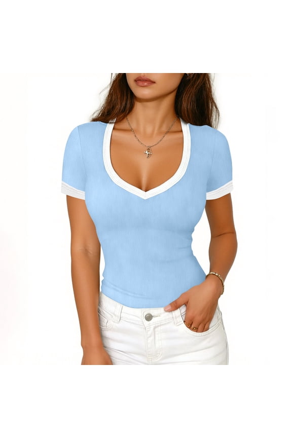 Womens Tops Deep V Neck Collar Ribbed Knit Fabric Slim Fit Short Sleeve Shirts Casual Everyday Staples Gift