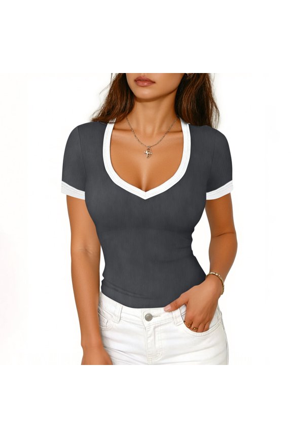Womens Tops Deep V Neck Collar Ribbed Knit Fabric Slim Fit Short Sleeve Shirts Casual Everyday Staples Gift