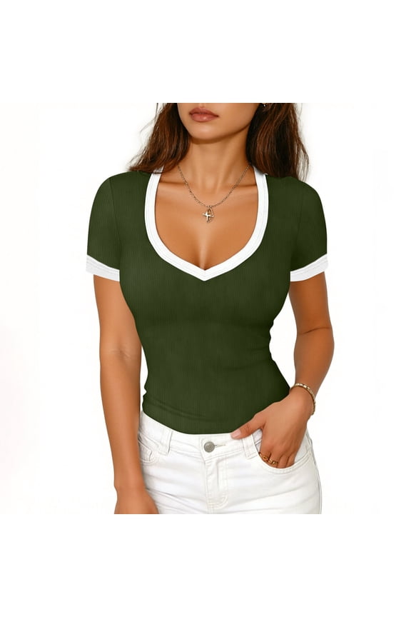 Womens Tops Deep V Neck Collar Ribbed Knit Fabric Slim Fit Short Sleeve Shirts Casual Everyday Staples Gift