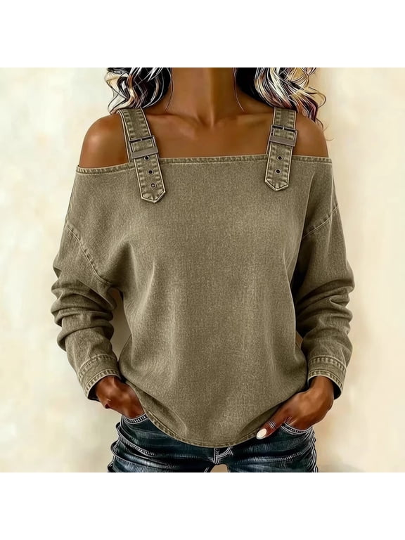 Womens Tops Off Shoulder Long Sleeve Adjustable Strap Denim Plain Oversized Tops Relaxed Fit Street Wear Soft Womens Shirts