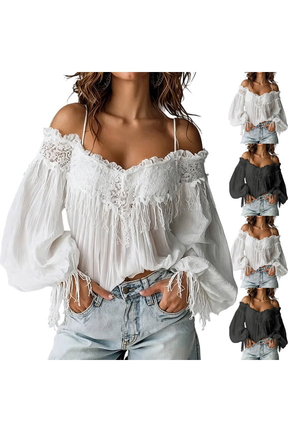 Womens Tops Off Shoulder Spaghetti Strap Long Puff Sleeve Floral Embroidered Fringe Trim Crinkle Woven Loose Fit Party Casual Womens Blouses