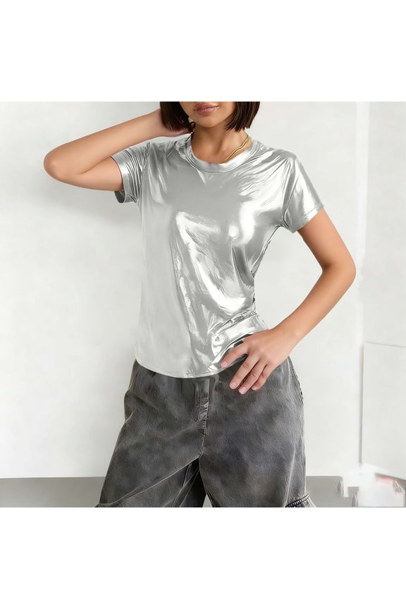 Womens Tops Short Sleeve Crewneck Metallic Finish Cropped Fit Casual Daily Night Outings Comfortable Tees Blouses Shirts Gift