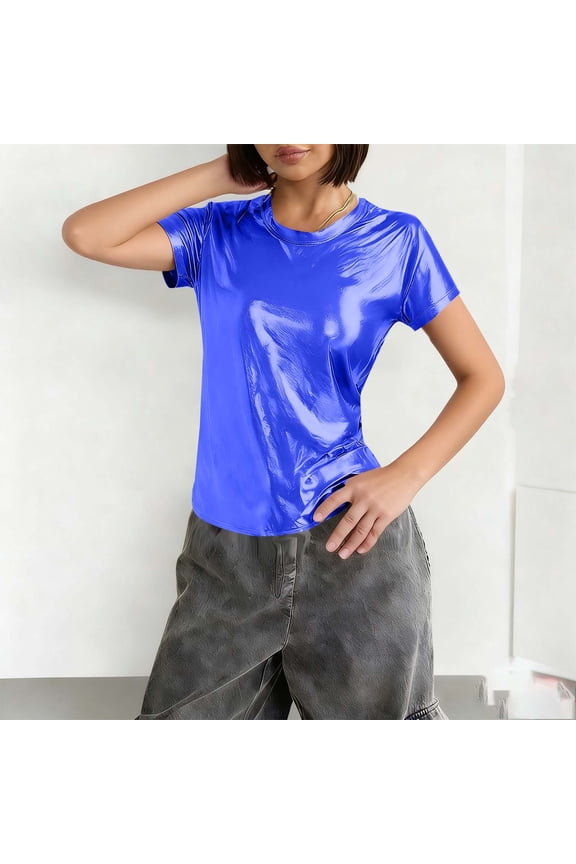 Womens Tops Short Sleeve Crewneck Metallic Finish Cropped Fit Casual Daily Night Outings Comfortable Tees Blouses Shirts Gift