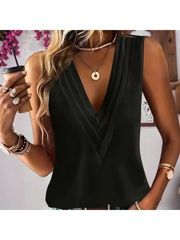 Womens Tops Sleeveless V Neck Layered Pleat Accent Casual Outings Office Commute Blouses Camis Tunics Gift