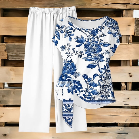 Pounoo Womens Two Piece Sets Floral Print Tie Side Top Wide Leg Pants Soft Breathable Loungewear Outfits Casual Style Gift