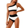 thumbnail image 1 of Pounoo Womens Two Piece Swimsuits One Shoulder Scalloped Edge Color Block High Waisted Bikinis Retro Beach Swimwear Gift, 1 of 5