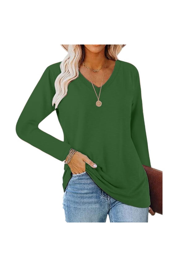 Womens V Neck Long Sleeve Tops Loose Fit Soft Fabric Basic Shirts Casual Minimalist Blouses Gift