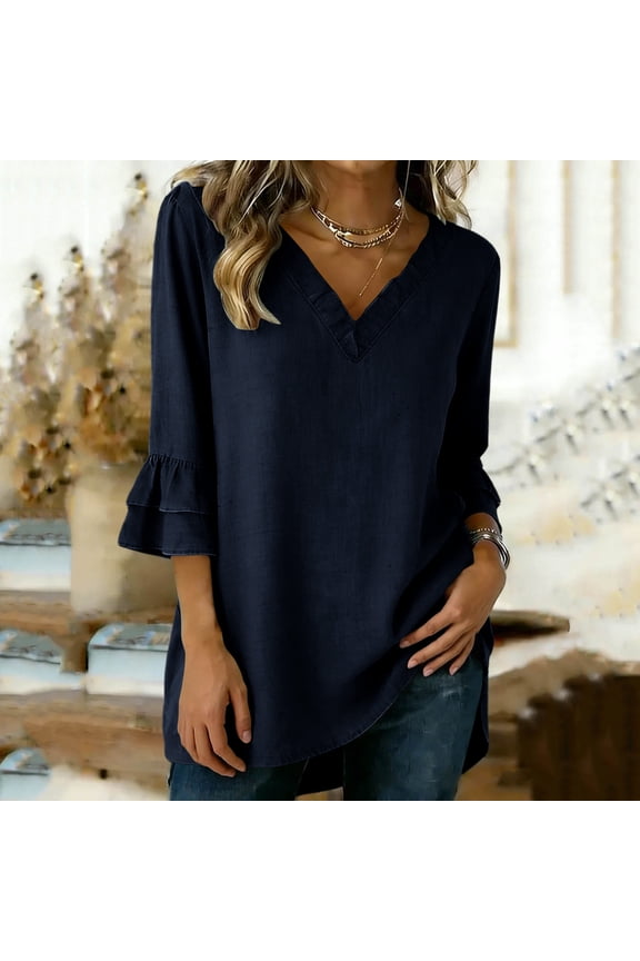 Womens V Neck Ruffle Sleeve Blouses Loose Fit 3/4 Sleeve Ruffle Cuff Curved Hem Casual Tops Office Pullovers Gift